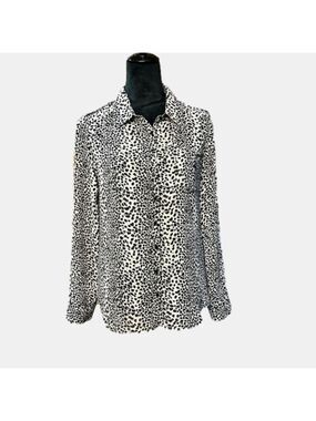 Guess Los Angelos Sheer Long Sleeve Grey & Black Leopard Print Blouse sz M EUC